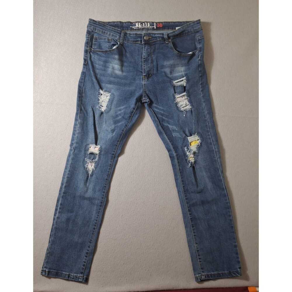 GS 115 Moto Jeans Mens 38x30 Blue Denim Distressed Motorcycle Straight Leg